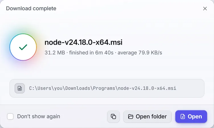 Download complete dialog in the light theme.