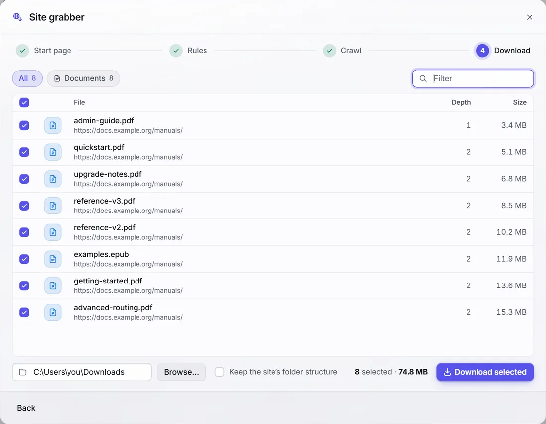 Site grabber in the light theme.