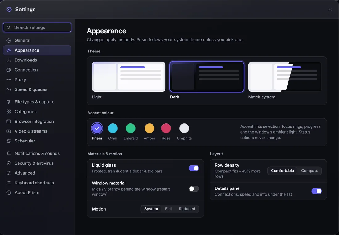 Settings, Appearance: theme light, dark or match system, six accent colours, liquid glass and motion options.