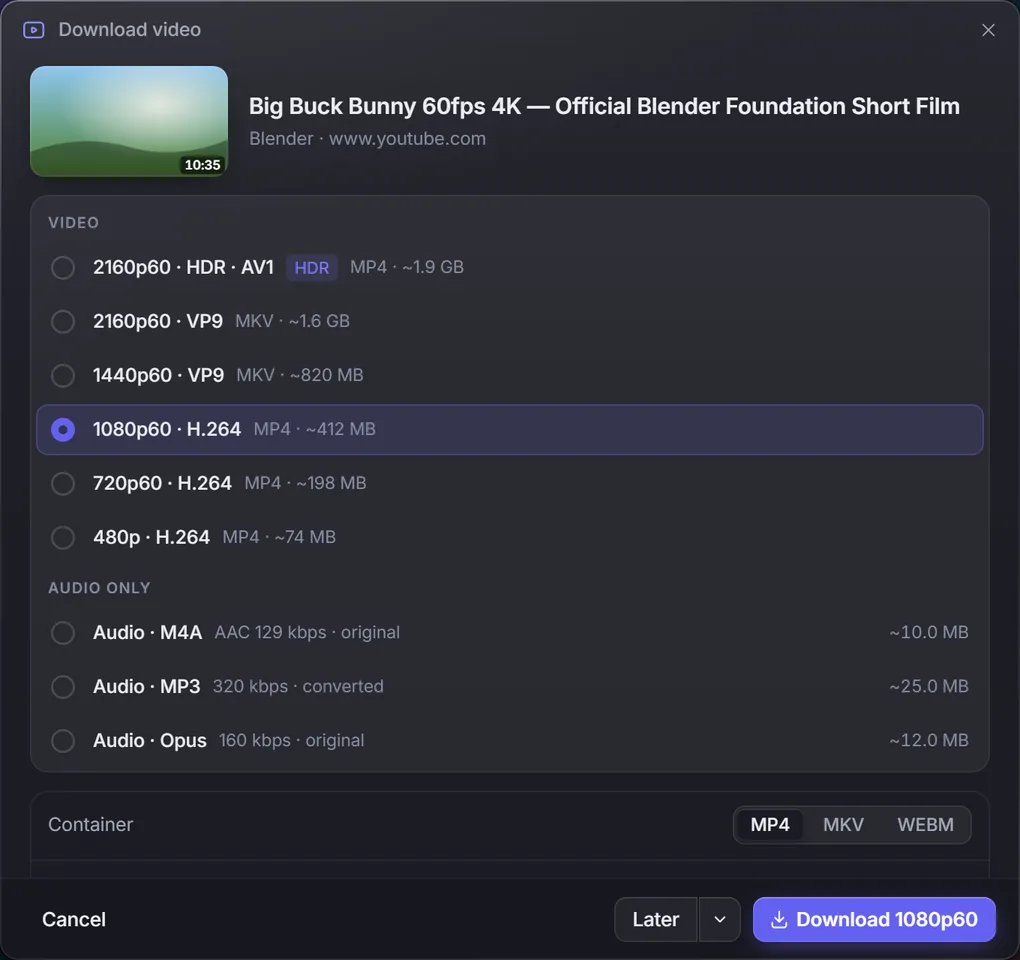 Download video dialog: quality list from 2160p60 HDR down to 480p, plus audio-only MP3, M4A and Opus.